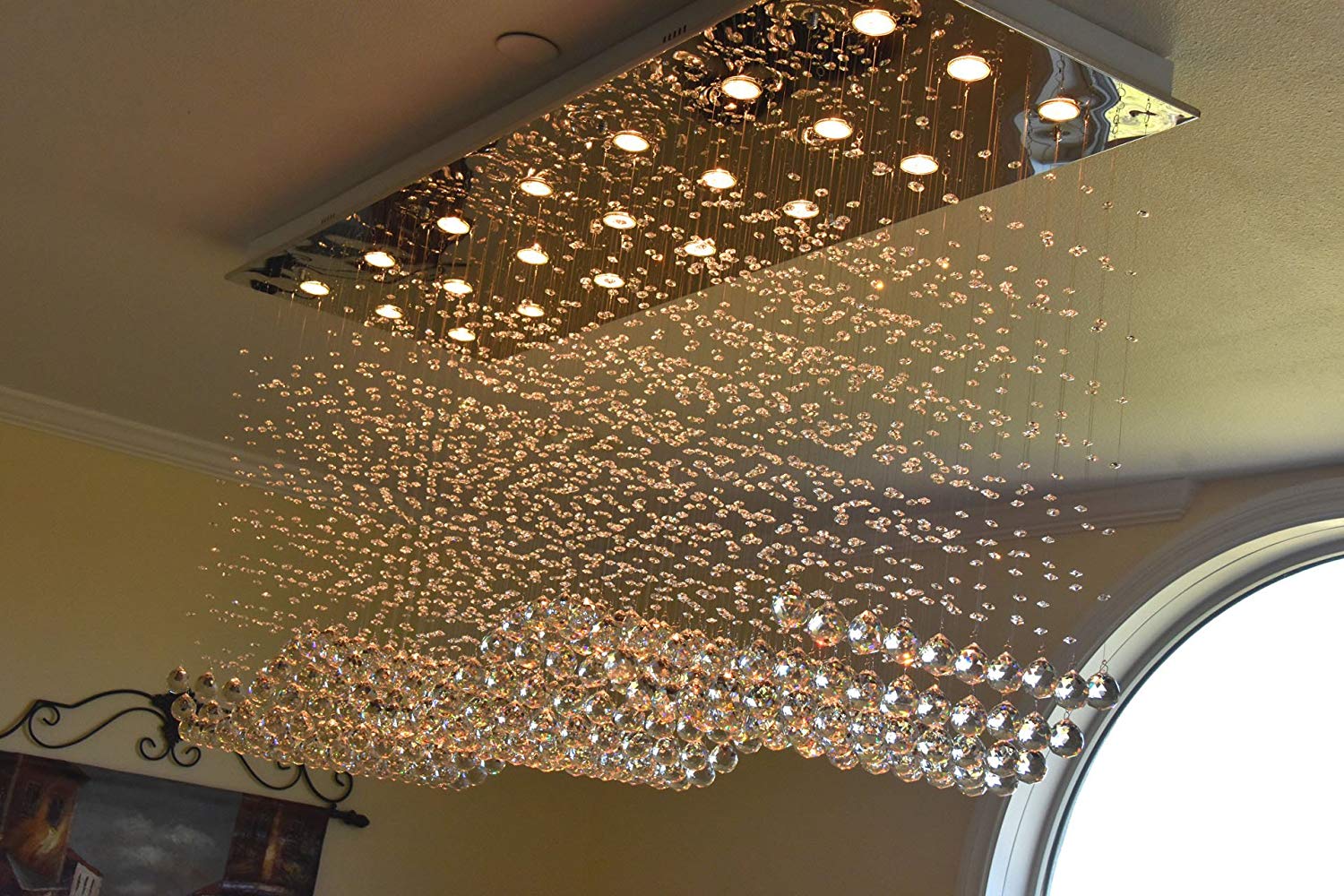 Contemporary Rectangle Crystal Chandelier Lighting Raindrop Flush Ceiling Light Fixture for Dining Room Lobby Kitchen Island