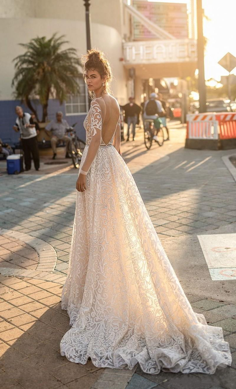 Berta Bridal Wedding Dresses A Line Deep V Neck Lace Applique Bohemian Backless Long Sleeve Wedding Dress Vestido De Novia