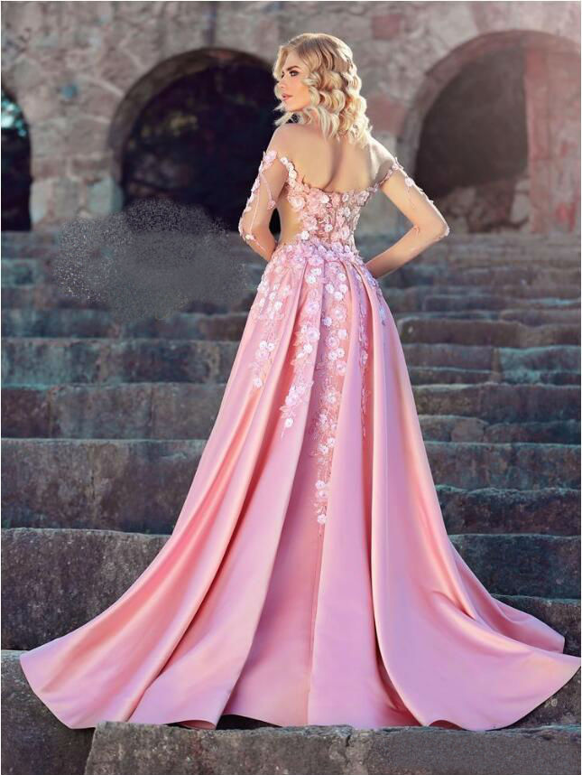 Gorgeous Pink Mermaid Prom Dresses Off Shoulder 3D Floral Appliques Long Evening Dresses with Detachable Train Formal Party Gowns