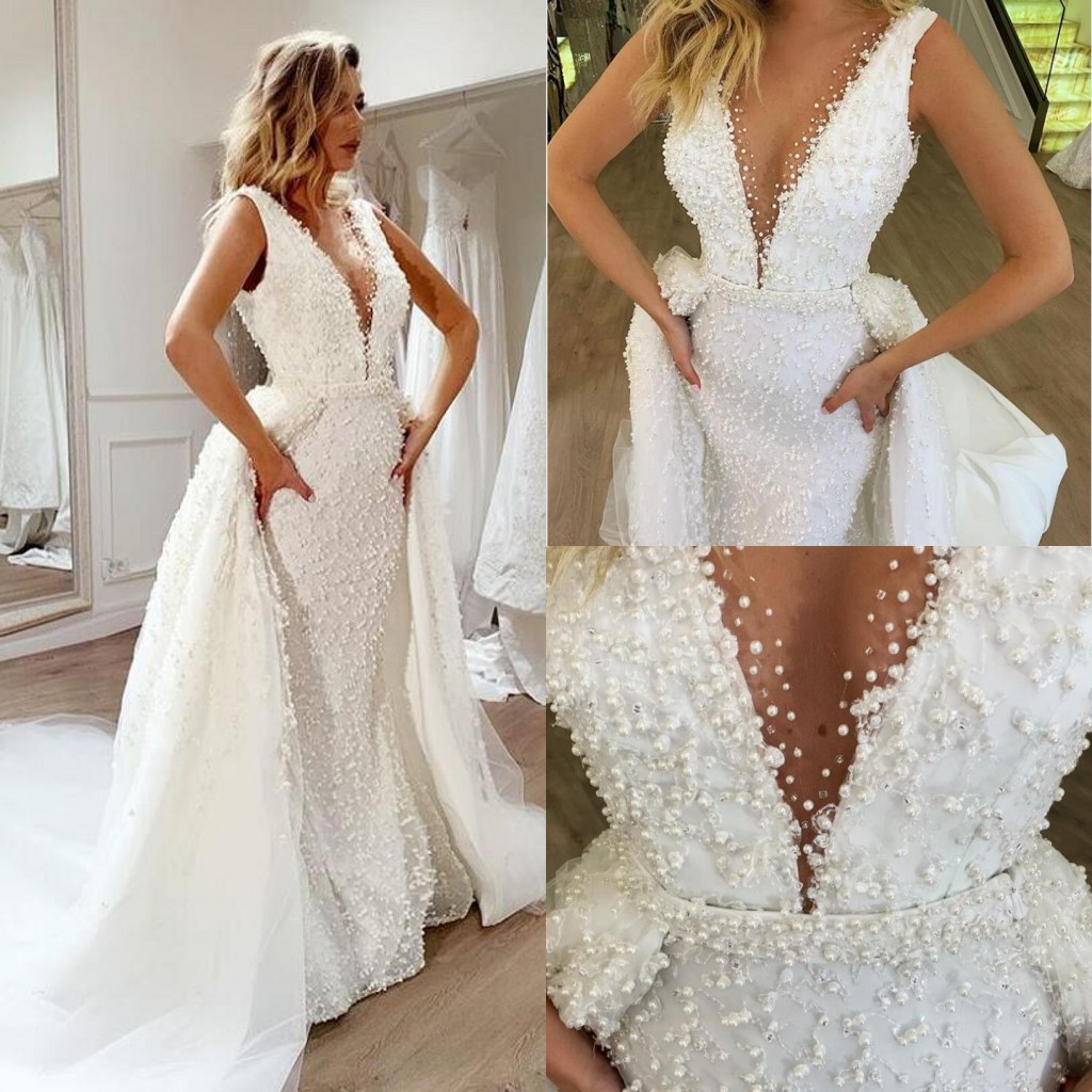 Sexy Deep V Neck Pearls Mermaid Wedding Dresses With Detachable Train Open Back Beaded Beach Bohemain Plus Size Bridal Gown, Black
Sexy Deep V Neck Pearls Mermaid Wedding Dresses With Detachable Train Open Back Beaded Beach Bohemain Plus Size Bridal Gown, Black