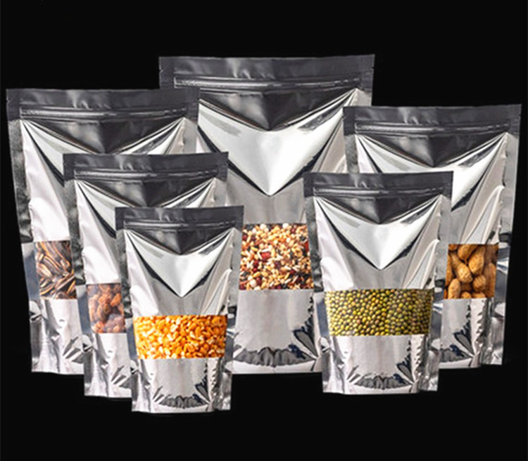 100pcs Stand up Glossy Silver Window Zip Lock Bag Resealable Plastic Sugar Snack Meat Coffee Kitechen Supplies X-mas Biscuits Heat Sealing Storage Pou