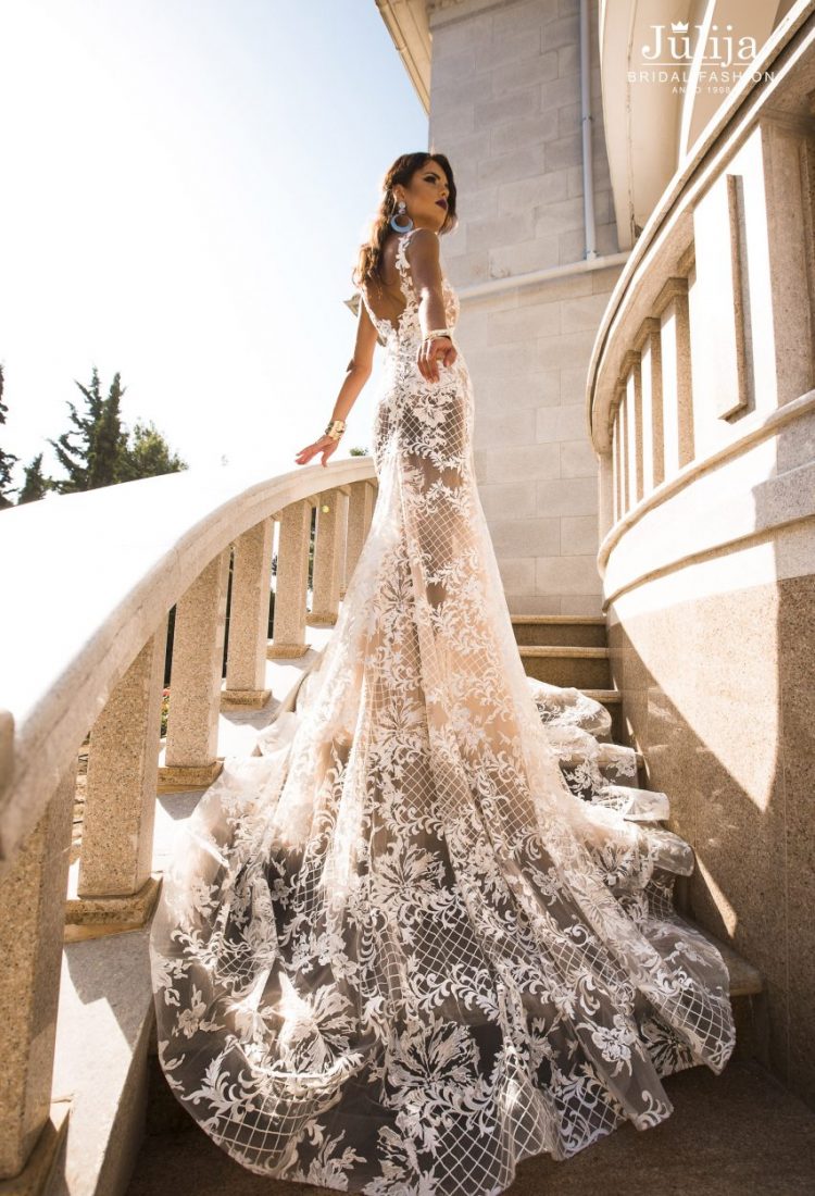 julija wedding dresses one shoulder backless mermaid bridal wedding gowns sweep train country boho lace illusion robe de mariage