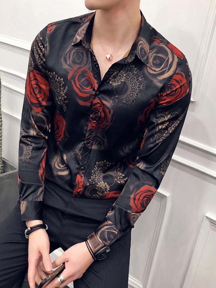 Spring Men Floral Print Flower Shirt Chemise Homme Clothing For Men Club Party Wedding Long Sleeve Shirt Camisa Masculina