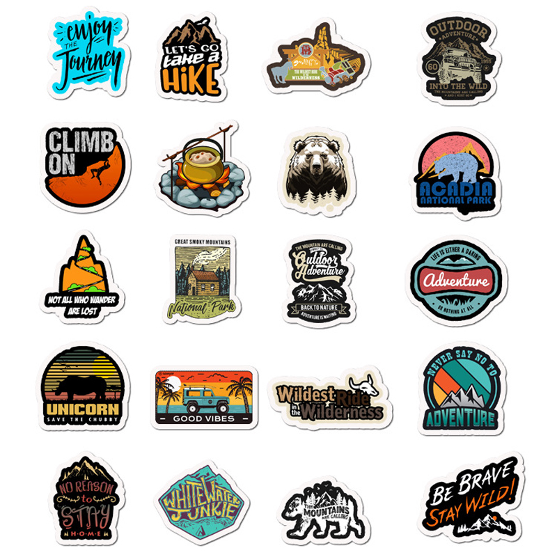 Adventure Travel Car Sticker 50pcs/lot Outdoor Camping Waterproof Unique Stickers for Suitcase Laptop Macbook Skateboard Helmet Motor Decals