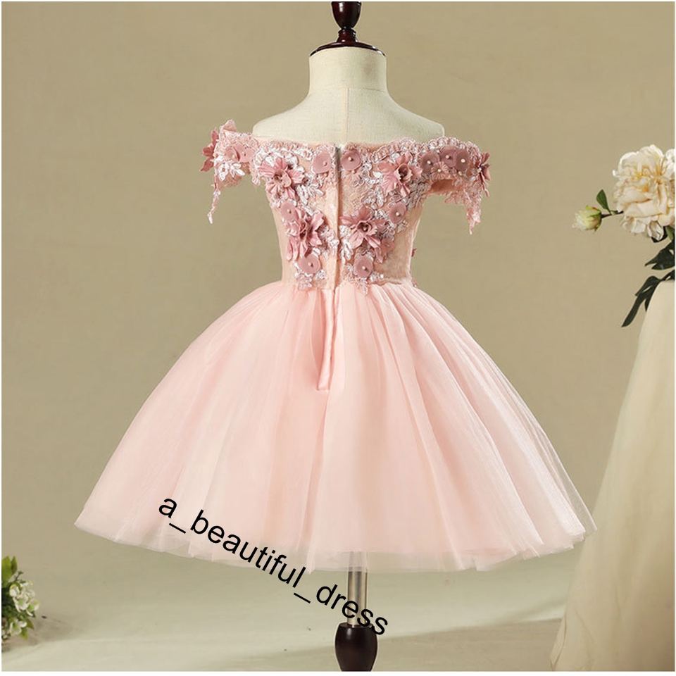 Pink Bead Decoration Long Flower Girl Dress New Girl Ball Gown pageant Wedding Party Exchange Dress Ball Beauty Sexy Shoulder Dress FG1269