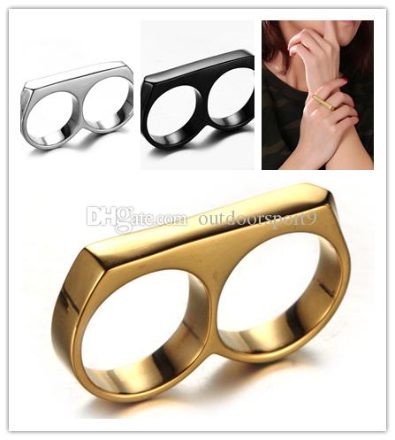 Punk Titanium Stainless Steel 3Colors Two Fingers Brass Knuckle Models Signet Charm Women and Men Jewelry Biker Rings Gift Hip Hop