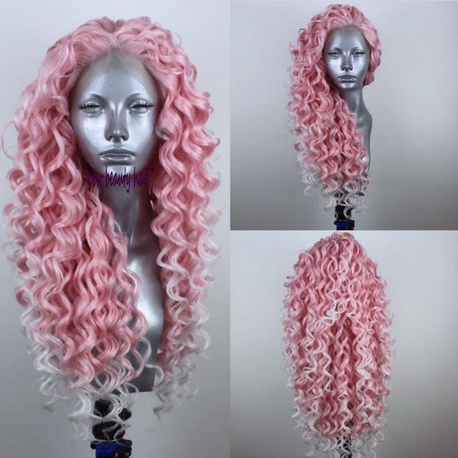 Long deep wave Pink Wig celebrity Women cosplay style lace frontal Heat Resistant Synthetic Lace Front Wigs Curly Wig natural hairline