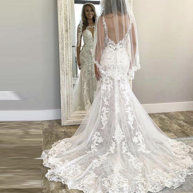 Backless Stylish Mermaid Wedding Dresses Appliqued Sheer Plunging Neck Bridal Gowns Sweep Train Trumpet Robe De Marie