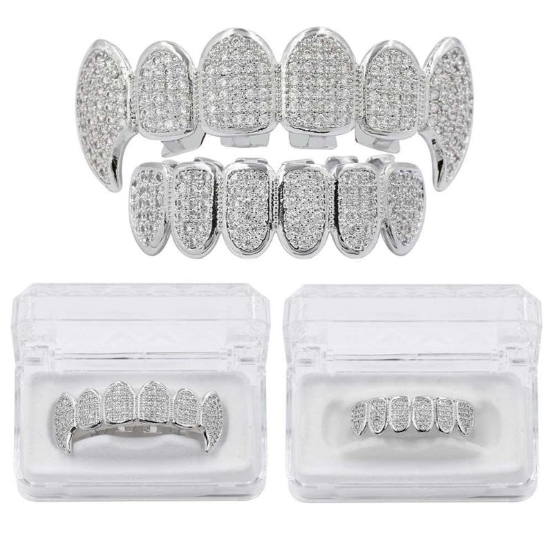 Hip Hop Fang Vampire Teeth Grillz Top Bottom Set for Men Gold Silver Micro Pave Cubic Zirconia Bling Iced Out Rapper Jewelry
Hip Hop Fang Vampire Teeth Grillz Top Bottom Set for Men Gold Silver Micro Pave Cubic Zirconia Bling Iced Out Rapper Jewelry