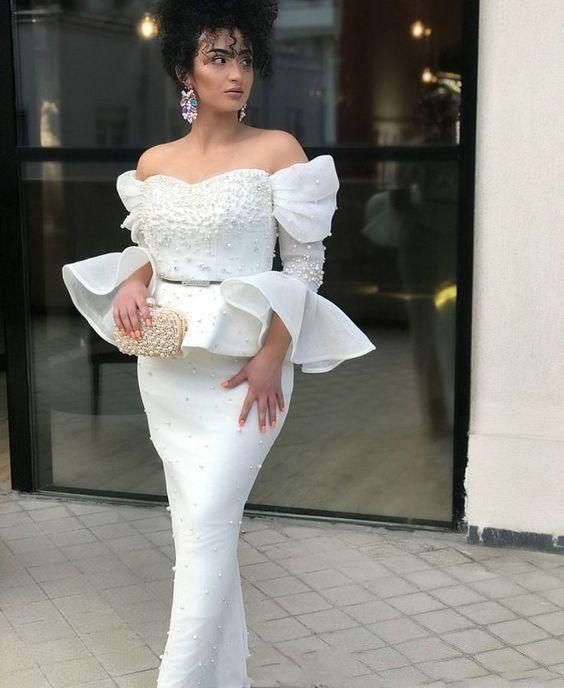 Modest Sheath Off Shoulder Prom Dresses with Pearls Ruffle Long Sleeve Formal Evening Dress Party Gowns vestido de novia