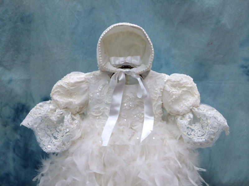 Luxury Christening Dresses Feather Sequins Infant Toddler Baptism Baby Long Gowns Flower Girls Kid First Communication Dress