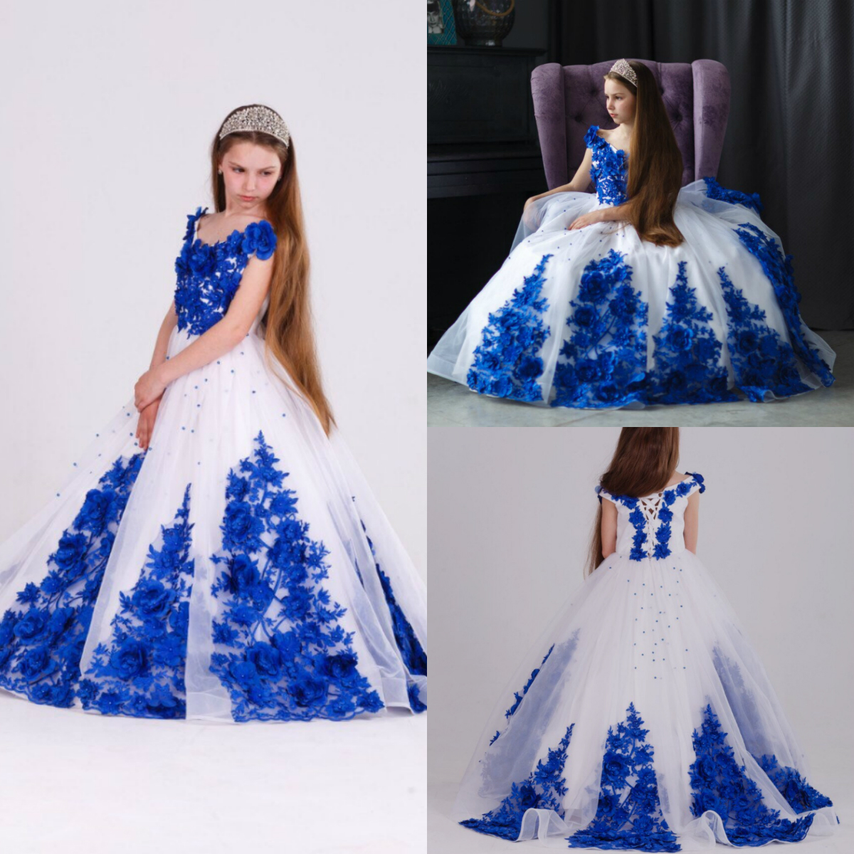 Royal Blue White Flowers Girls Pageant Dresses V Neck Lace Up Princess Prom Dress Floor Length Kids First Communion Gowns Wedding Evening