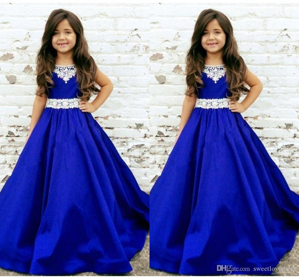 2020 Royal Blue Long Cheap Flower Girls First Communion Dress Modern Girls Pageant Dresses Jewel Neck Toddler Infant Crystal Ribbon Satin