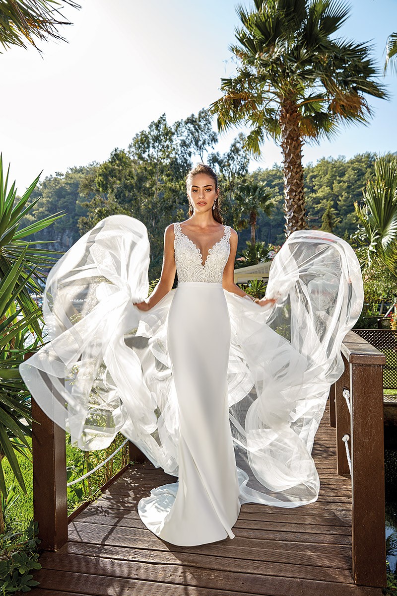 eddy k mermaid wedding dresses with detachable skirt lace appliqued bridal gowns sheer v neck satin country boho beach wedding dress