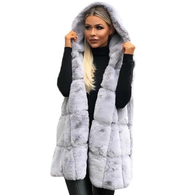 Womens Winter Thicken Fluffy Plush Vest Open Front Hooded Mid-Length Waistcoat Oversized Loose Solid Color Jacket Outwear S