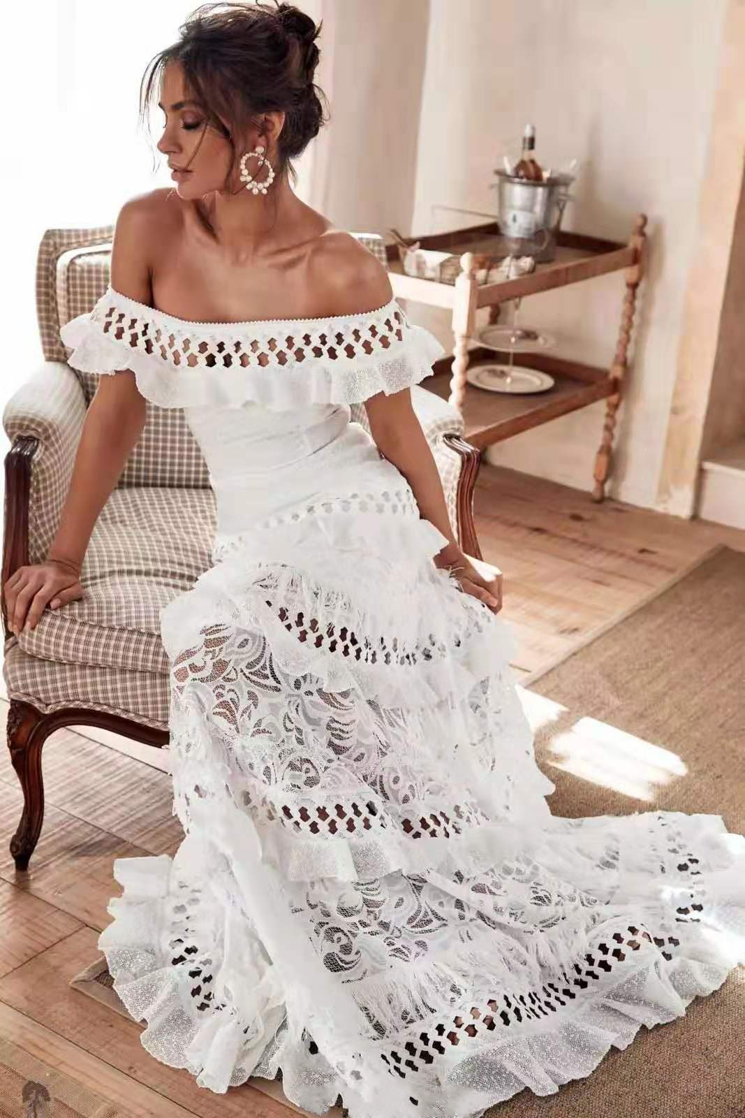 Dress Bohemia Beach Off Shoulder Tiered Lace Vestido De Noiva Elegant Boho See Through Cap Sleeve Wedding Gowns