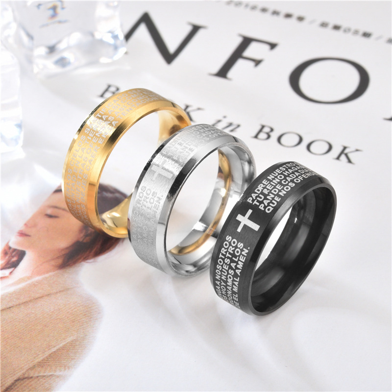 New Titanium Stainless Steel Spain the Lord's Prayer Bible Mens Gold Silver Black Finger Ring Band Scripture Rings for Men Jewelry Wholesale