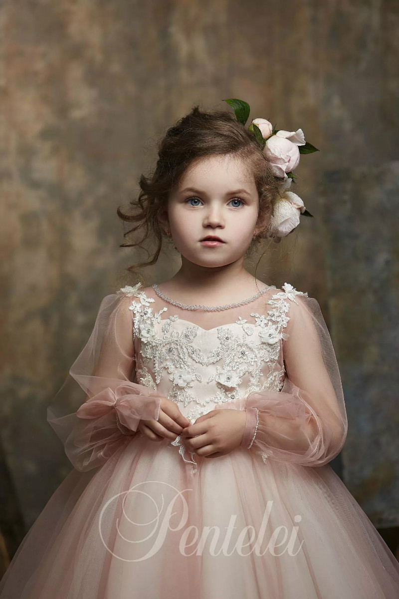 Cute Ball Gown Flower Girl Dresses Jewel Long Sleeve Lace Applique Sequins Crystal Pageant Dress Floor Length Girl's Birthday Party 0431