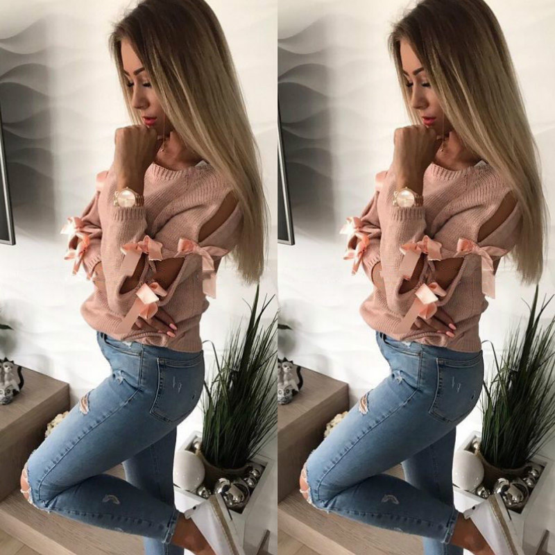 hirigin Women Autumn Long Sleeve O-neck Bow hollow-out Pullover Sweater Ladies Casual Kintting Solid Sweet Jumper Tops
