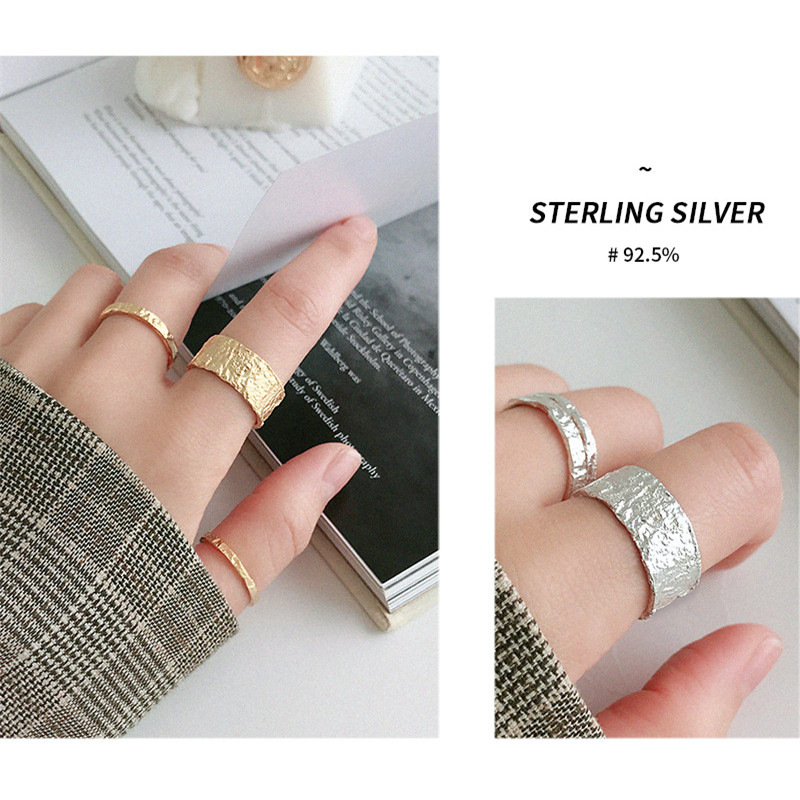 New 100% 925 Sterling Silver Irregular Concave Convex Foil Open Size Rings For Women Fashion Wide Adjustable Statement Ring