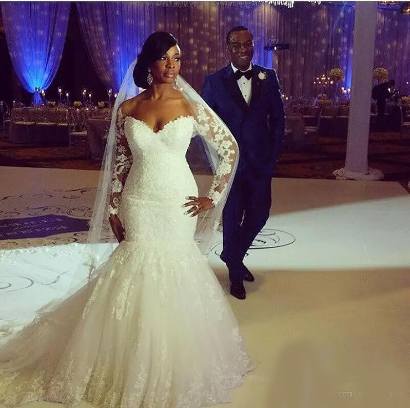 2020 African Plus Size Wedding Dresses Off Shoulder Long Sleeves Lace Appliques Lace Custom Made Mermaid Wedding Gowns Cheap Bridal Dress