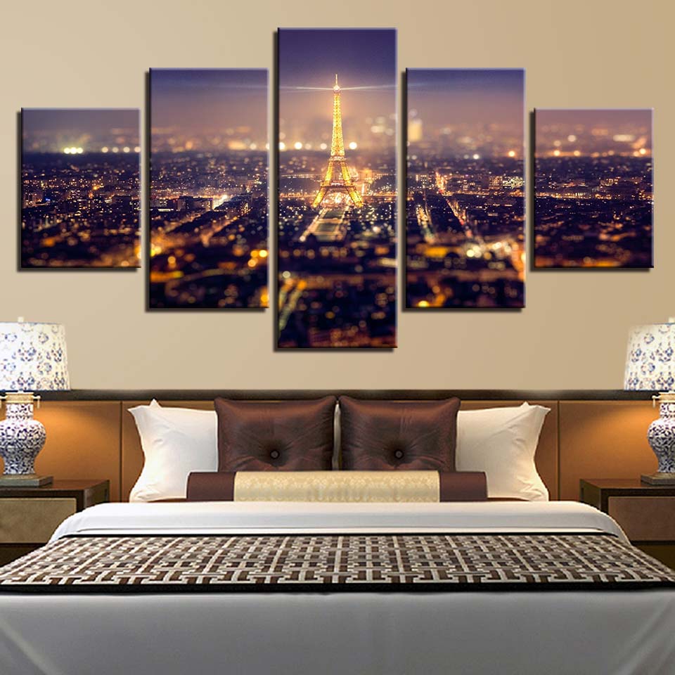 Canvas HD Prints Pictures Wall Art 5 Pieces Beautiful Paris Eiffel Tower City Night Scene Paintings Posters Home Decor No Frame