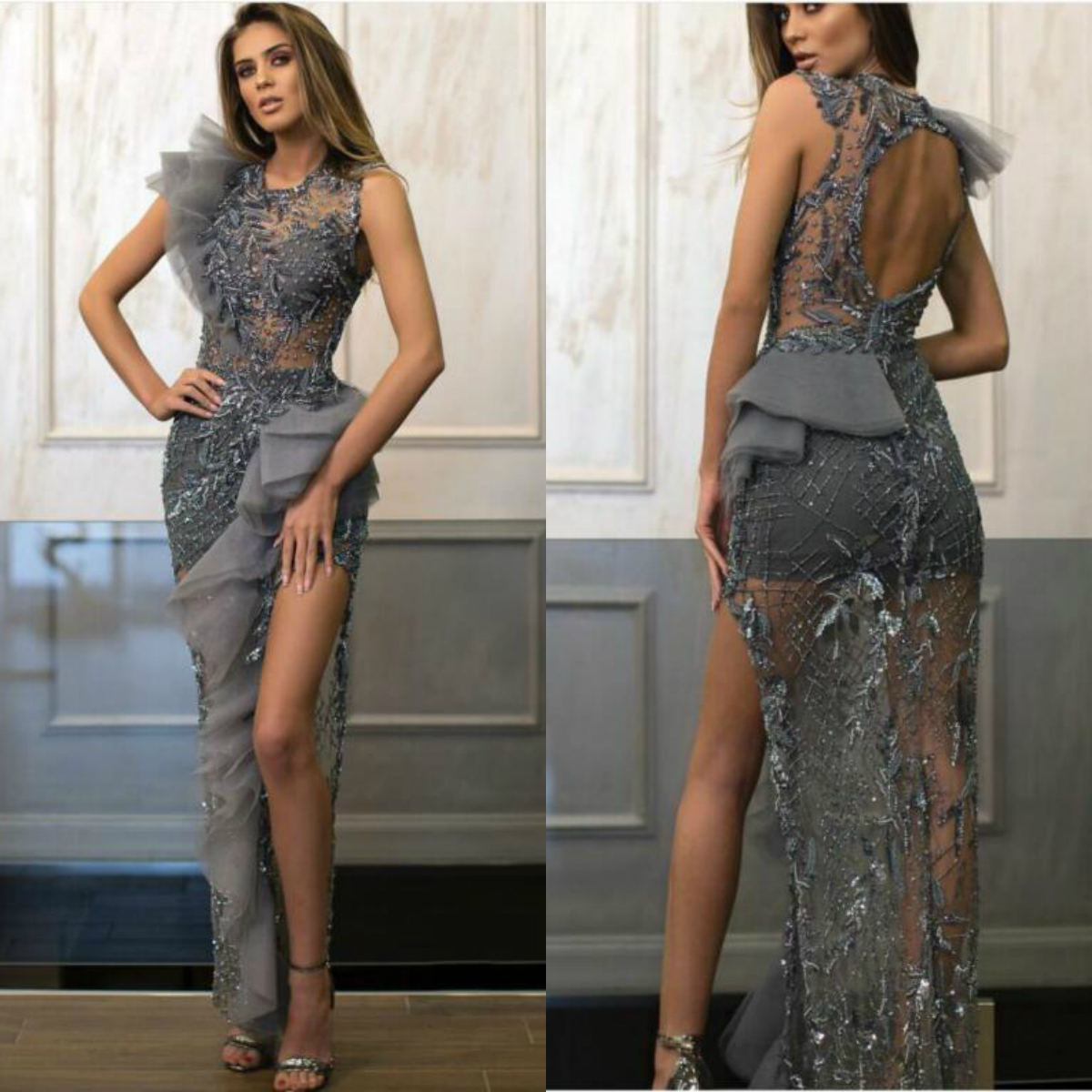 gray mermaid prom dresses lace appliques sequined backless side split evening gowns plus size cooktail party dress abendkleider