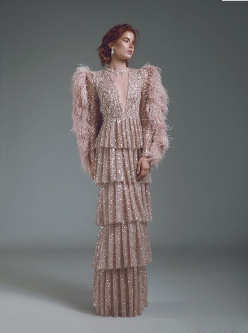Elegant Alfazairy Sheath Evening Dresses With Feathers V Neck Long Sleeves prom dresses tiered skirt red carpet special occasion dresses
