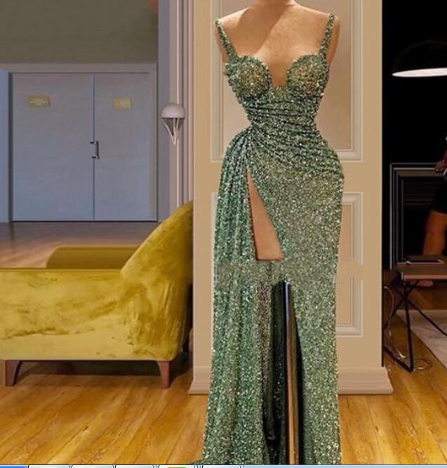 2020 Glitter Mermaid Evening Dresses Sequins Spaghetti High Split Ruffle Sweep Train Formal Party Gowns Custom Made Long Pageant Dresses