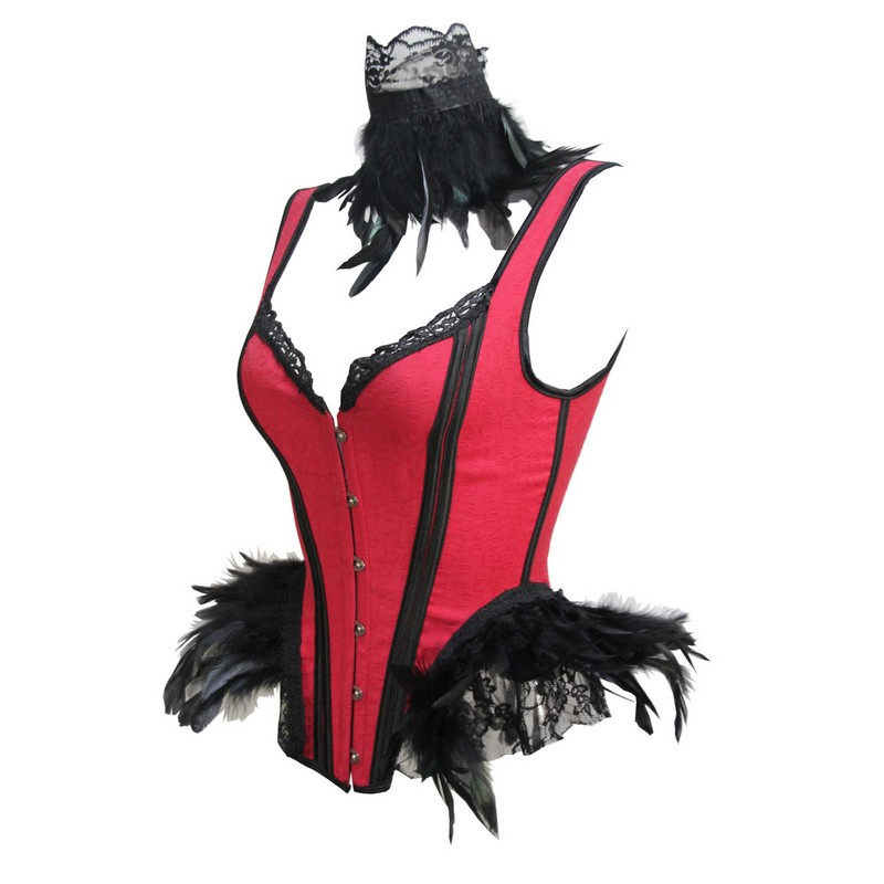 Women 3pcs Set Vintage Corset Top with Feathers Cape and Collar Outfit Halloween Burlesque Party Halterneck Side Hip Curve Overbust Corset