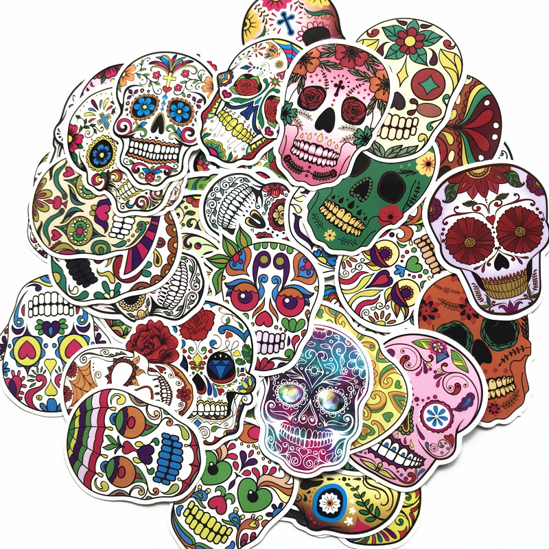 60PCS Colorful Skull Stickers For Car Phone Skateboard Snowboard Laptop Luggage Fridge Bicycle PVC Waterproof Decal Halloween Home Sticker