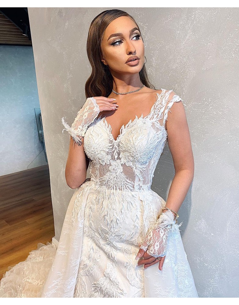 mermaid wedding dresses with detachable train v neck lace appliqued bridal gowns sheer back sweep train wedding dress