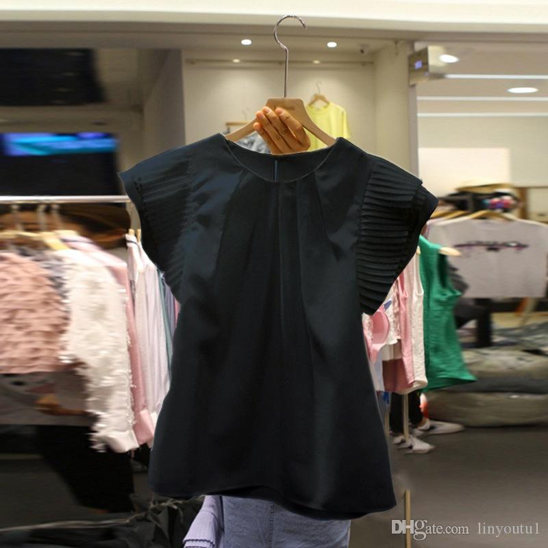 2020 Solid White Summer Women T Shirts O-neck Short Sleeve Pleated Female Tees 2019 New Korean Fahion Loose Casual Tops