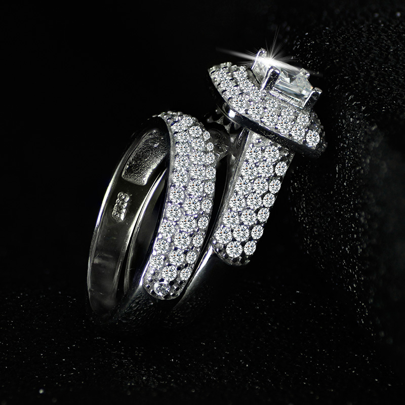 Sterg Sier Couple Rings | Princess Cut White Topaz & Pave CZ Bridal Jewelry