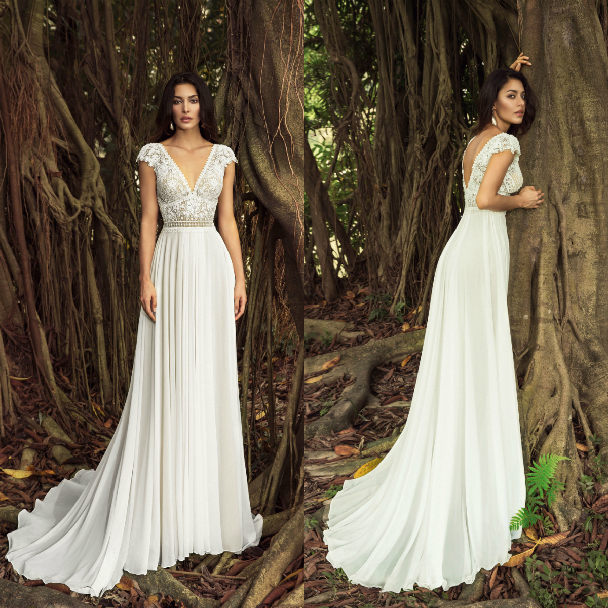 Bohemia 2019 Chiffon Beach Wedding Dresses Lace Appliqued A Line V Neck Cap Sleeve Boho Bridal Gowns Robe De Mariée