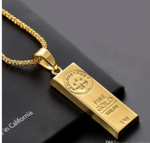 Stainless Steel Necklace Iced Out Golden Bar shape Pendant Round Box Chain Fortune Charm Necklace Hip Hop Mens Christmas Gift WL018
