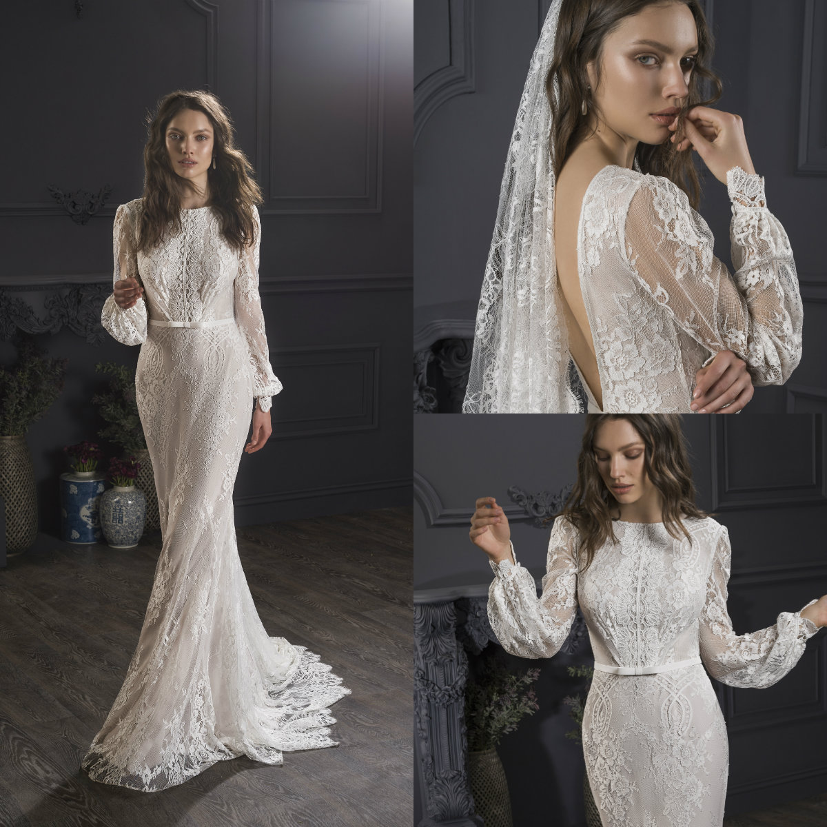 Lihi Hod Mermaid Dresses Jewel Neck Sweep Train Backless Beach Boho Wedding Dress Custom Made Lace Bridal Gowns Long Sleeves