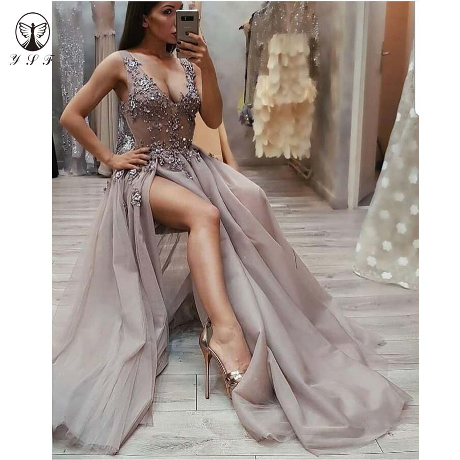 Sexy Vestidos De Formature Plunging V Neck Beaded Crystals Sleeveless Thigh High Slit Prom Dresses 2019, Beige
Sexy Vestidos De Formature Plunging V Neck Beaded Crystals Sleeveless Thigh High Slit Prom Dresses 2019, Beige