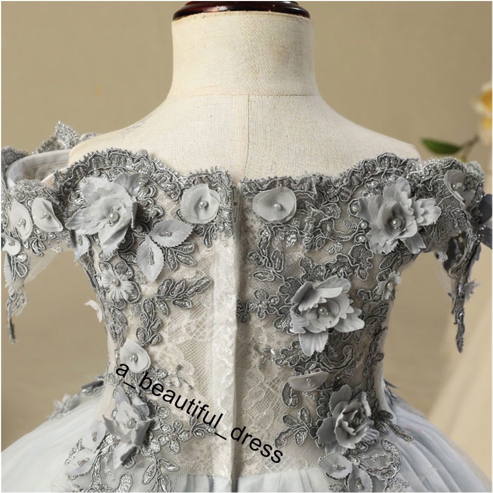 Gray Bead Decoration Long Flower Girl Dress New Girl Ball Gown pageant Wedding Party Exchange Dress Ball Beauty Sexy Shoulder Dress FG1272