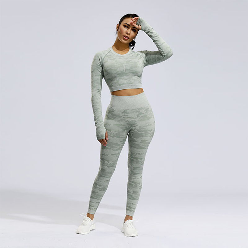 2PCS Camo Seamless Leggings Yoga Set Sportswear Women Fitness Clothing Booty Gym Leggings Long Sleeve Crop Top Sport Suit Workout Clothes MX200329