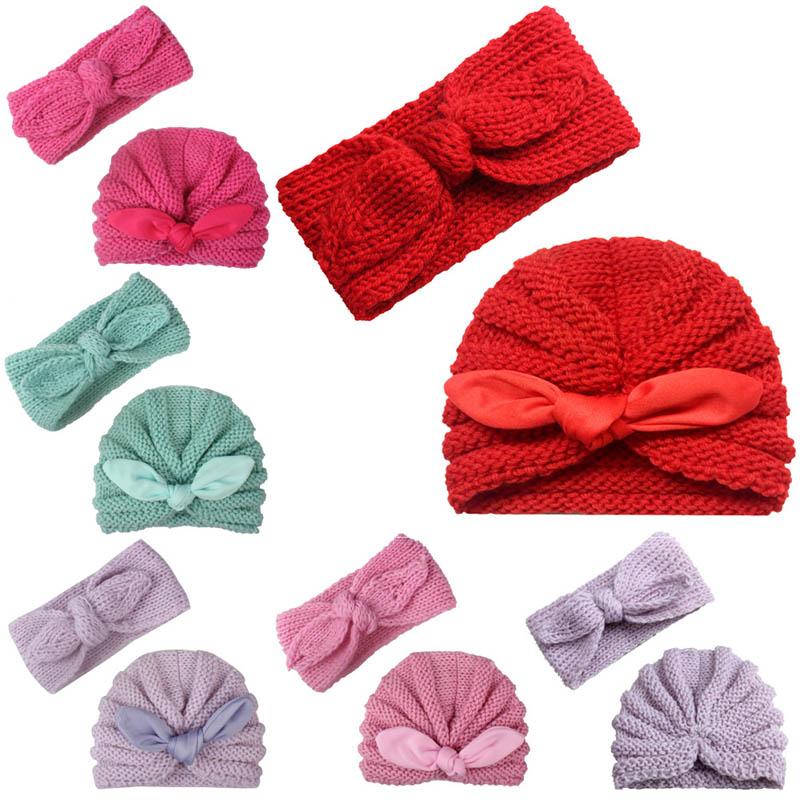 New baby Crochet Knit Hat Autumn Winter 2pcs/set Baby Headbands Newborn Beanies Head Bands Infants Hand Knitted Caps Baby Girl Hats