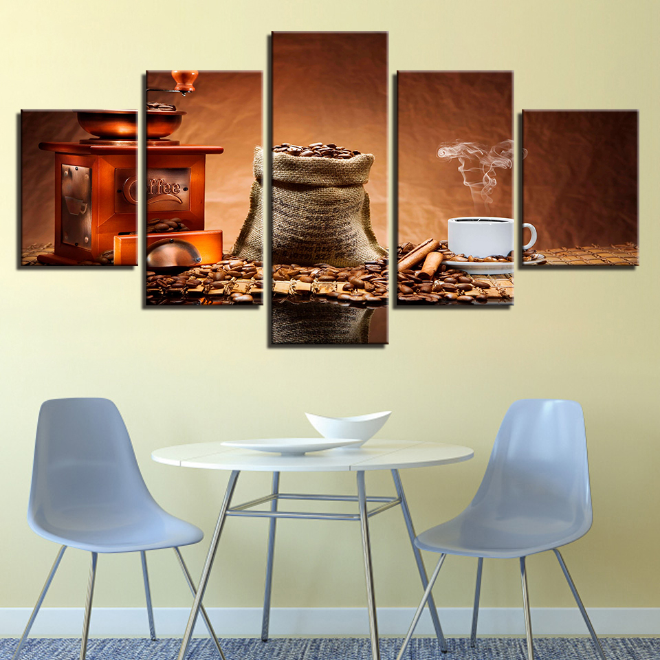 Modern Home Decor Canvas Pictures HD Prints 5 Pieces Coffee Beans Painting Coffee Aroma Cup Poster Restaurant Wall Art No Frame