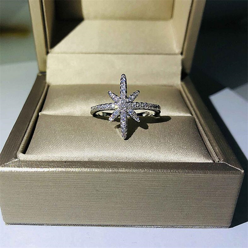 Simple Fashion Sweet Cute Jewelry 925 Sterling Silver&Rose Gold Fill Pave White Sapphire CZ Diamond Gemstones Women Wedding Snowflake Ring