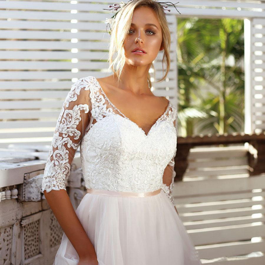 Half Sleeves Bridal Dress V Neck Lace Tulle Skirt Backless Wedding Dresses Vestido de Novia 2020 Wedding Gowns