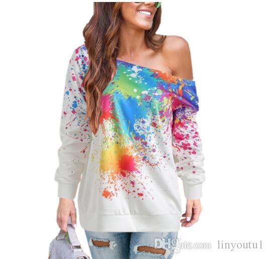 2020 Fashion T Shirt Women Long Sleeve One Shoulder Paint Splatter Print Korean Style Women Funny T Shirts Women