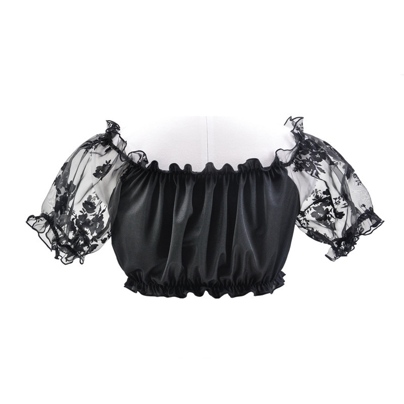 Women's Crop Top Plus Size S-6XL Lolita Lace Mesh Rose Floral Short Sleeves Costume Short Corset Top Blouse Shirt Scoop Neck Black White