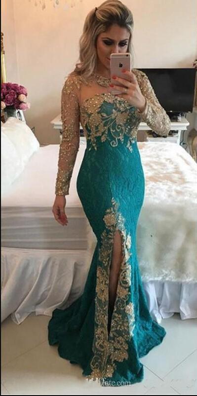 Long Sleeve Turquoise Mermaid Prom Dresses Arabic Style Backless Sparkly Beaded Applique Front Split Sheer Evening Party Gowns 2019 New