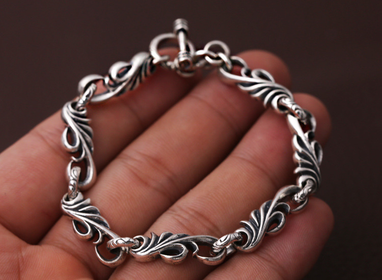 Personalized 925 sterling silver jewelry antique silver American European hand-made designer scroll link chain bracelets for men women