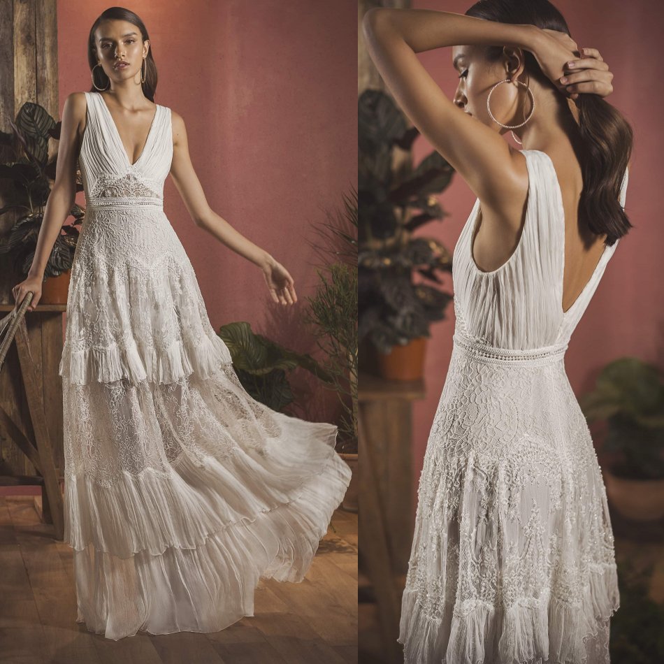 chic v neck wedding dresses bohemian boho appliqued lace bridal gowns floor length chiffon wedding dress robe de marie