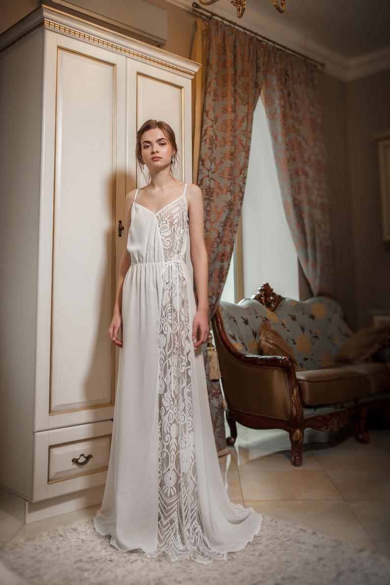 Fashion Chiffon Sexy Nightgowns Illusion Spaghetti Bath Robe Sleepwear Lace Appliques Bridal Bride Bridesmaid Robes For Wedding